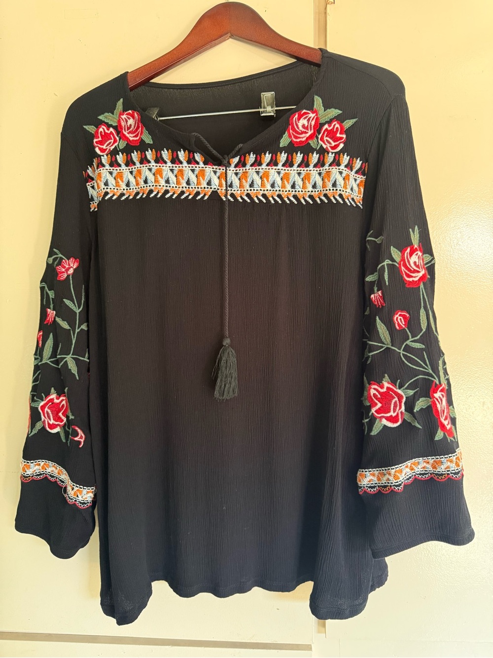 Embroidered Black Tunic with Red Rose Detail